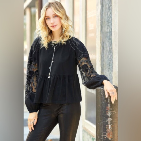 Free People Embroidered Peplum Penny Tee Black XS - Picture 8 of 10